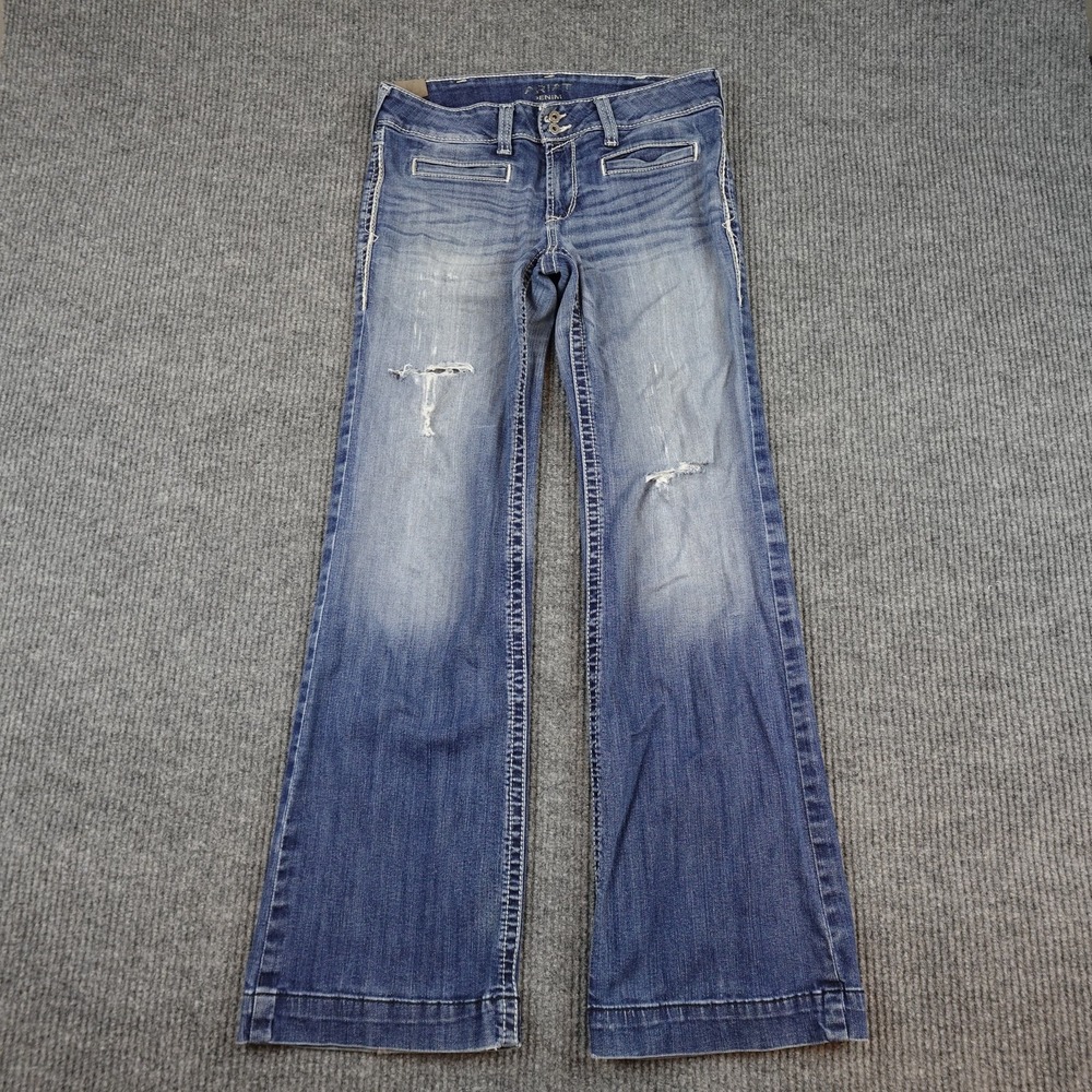 Ariat Trouser Jeans Womens 31R Medium Wash Blue Mid Rise Wide Leg Distressed